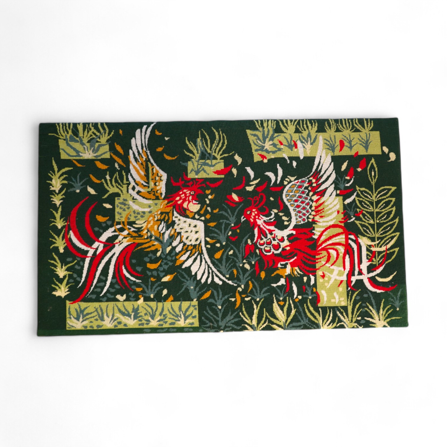 A ‘Lurcat’ style modernist needlework panel depicting two cockerels, 144cm wide, 82cm high. Condition - good